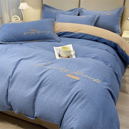 91家纺网 家纺一手货源 找家纺 （总）菲梵家纺 2025新款纯色双拼全棉加厚磨毛刺绣款-四件套（提供买家秀）