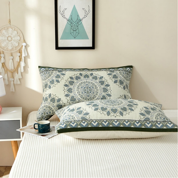 91家纺网 家纺一手货源 找家纺 2024新款素雅系列全棉系列四层纱布枕巾52*78cm一对 半夏桃心-绿