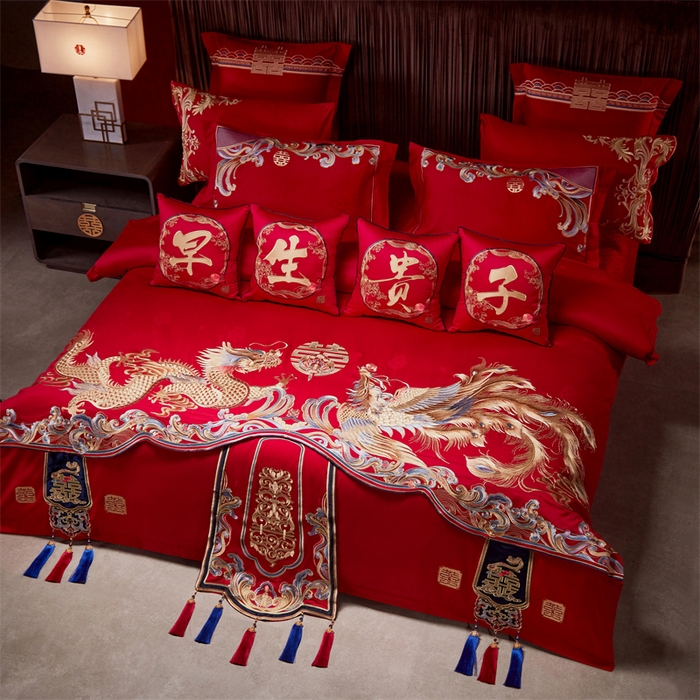 91家纺网 家纺一手货源 找家纺 红番天婚庆 2025新款新中式全棉提花婚庆四件套多件套百年龙凤