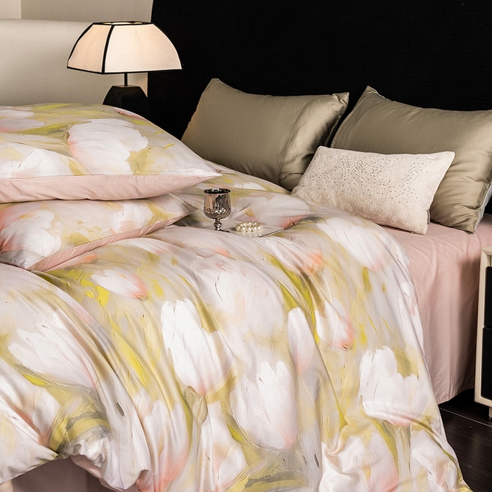 91家纺网 家纺一手货源 找家纺 立奥被业 2024新款60*60数码印花四件套全棉四件套 郁金香粉