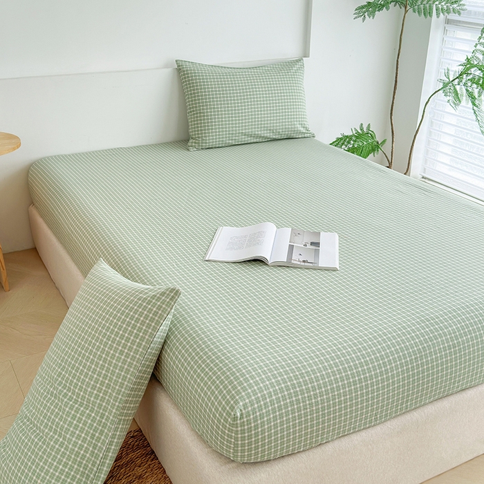 91家纺网 家纺一手货源 找家纺 慕莎家纺 2024新款亲肤水洗色织床笠三件套 绿粉格