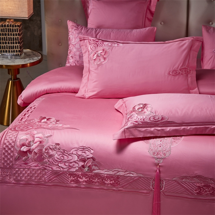 91家纺网 家纺一手货源 找家纺 宏羽纺家纺 2024新款高支高密纯棉提花婚庆套件系列（控价680）盛世喜韵-粉