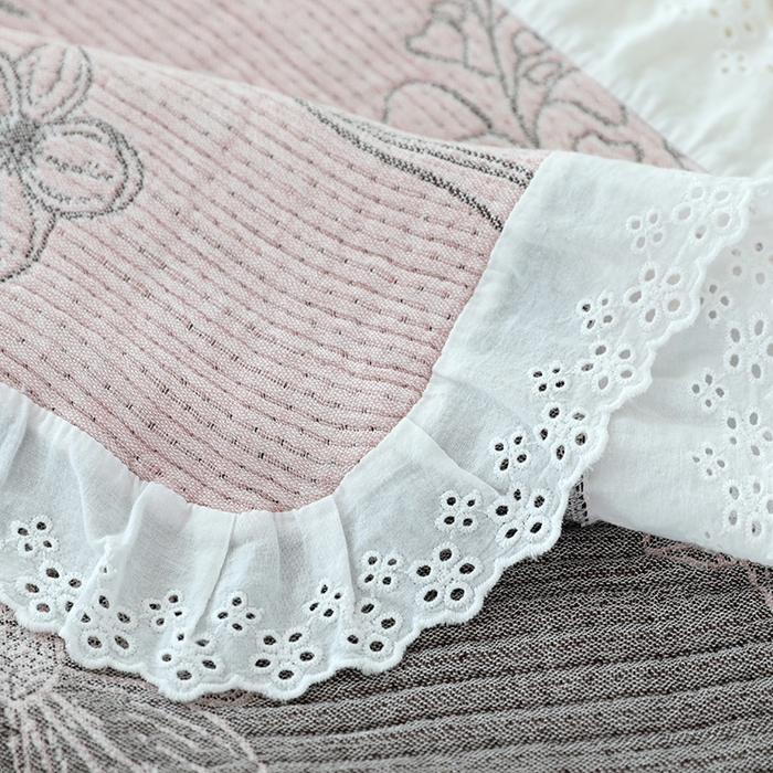 91家纺网 家纺一手货源 找家纺 韩式花边四层纱枕巾纯棉竹纤维加大成人纱布枕头巾52*78cm一对 怒放-粉