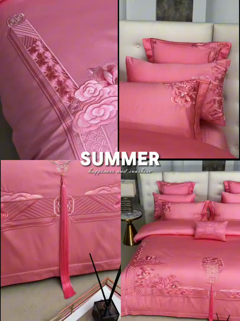 91家纺网 家纺一手货源 找家纺 宏羽纺家纺 2024新款高支高密纯棉提花婚庆套件系列（控价680）盛世喜韵-粉