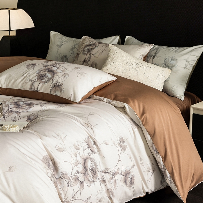 91家纺网 家纺一手货源 找家纺 立奥被业 2024新款60*60数码印花四件套全棉四件套 玫瑰咖