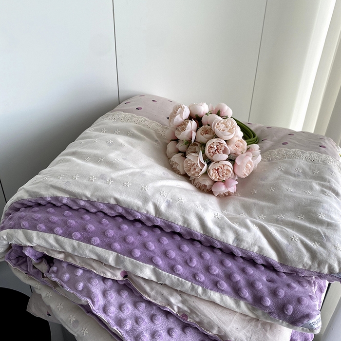 91家纺网 家纺一手货源 找家纺 2025新款秋冬季棉加豆豆绒法式花边款豆豆被被芯 草莓紫