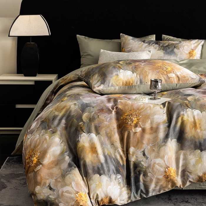 91家纺网 家纺一手货源 找家纺 立奥被业 2024新款60*60数码印花四件套全棉四件套 秋菊绿