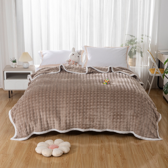 91家纺网 家纺一手货源 找家纺 2025新款魔法大泡泡绒法兰绒毛毯多功能盖毯 咖色