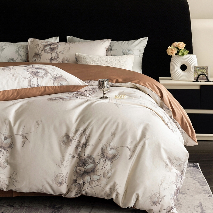 91家纺网 家纺一手货源 找家纺 立奥被业 2024新款60*60数码印花四件套全棉四件套 玫瑰咖