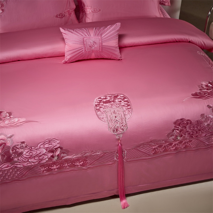 91家纺网 家纺一手货源 找家纺 宏羽纺家纺 2024新款高支高密纯棉提花婚庆套件系列（控价680）盛世喜韵-粉