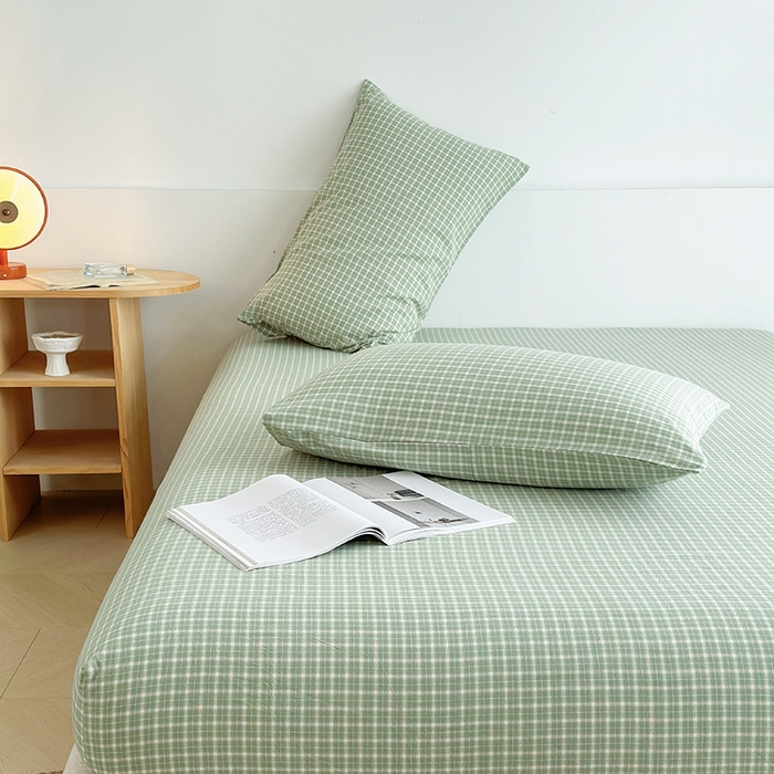 91家纺网 家纺一手货源 找家纺 慕莎家纺 2024新款亲肤水洗色织床笠三件套 绿粉格