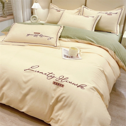 91家纺网 家纺一手货源 找家纺 （总）菲梵家纺 2025新款纯色双拼全棉加厚磨毛刺绣款-四件套（提供买家秀）