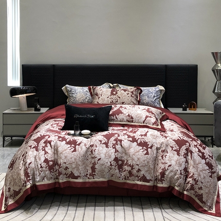 91家纺网 家纺一手货源 找家纺 （总）黑白森林 2024新款高支天丝棉大红数码印花四件套