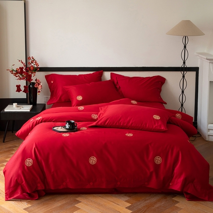 华超针织 2024新款100支长绒棉刺绣婚庆四件套 同喜同喜