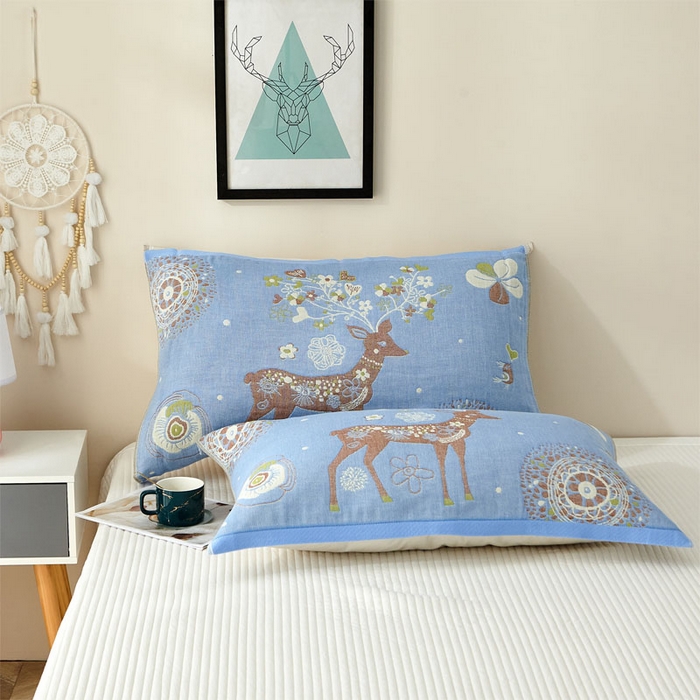 91家纺网 家纺一手货源 找家纺 2024新款素雅系列全棉系列四层纱布枕巾52*78cm一对 鹿鹿花开-蓝