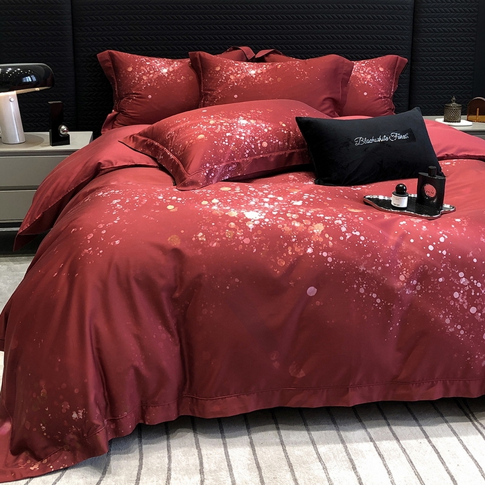 91家纺网 家纺一手货源 找家纺 （总）黑白森林 2024新款高支天丝棉大红数码印花四件套