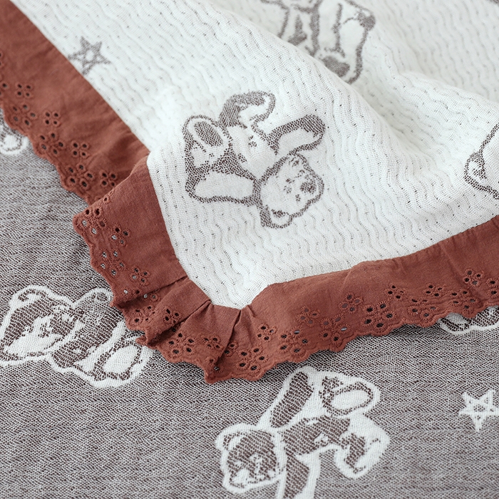 91家纺网 家纺一手货源 找家纺 韩式花边四层纱枕巾纯棉竹纤维加大成人纱布枕头巾52*78cm一对 玩具熊-米色