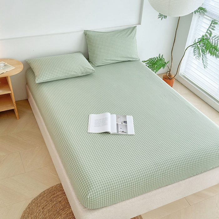 91家纺网 家纺一手货源 找家纺 慕莎家纺 2024新款亲肤水洗色织床笠三件套 绿粉格