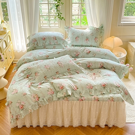 花香四季家纺 2024新款全棉夹棉绗缝床裙款四件套纯棉印花法式套件蕾丝公主风 绿野仙踪