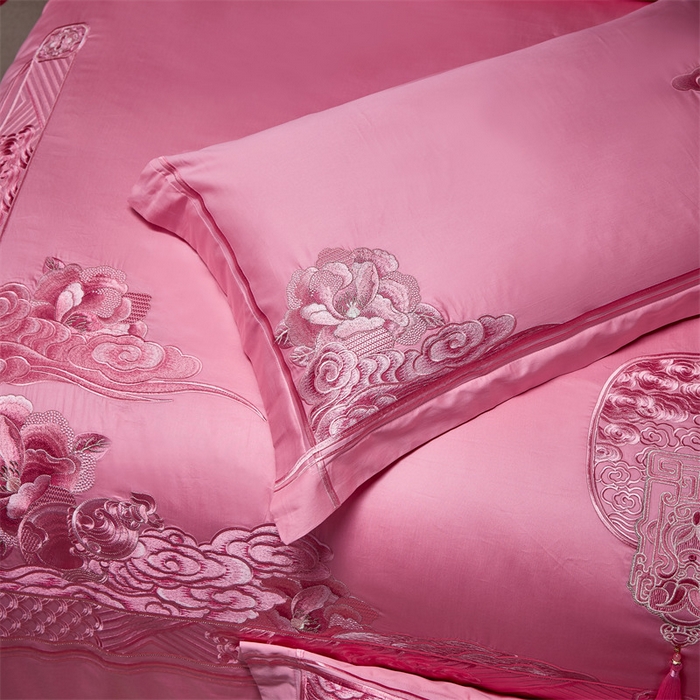 91家纺网 家纺一手货源 找家纺 宏羽纺家纺 2024新款高支高密纯棉提花婚庆套件系列（控价680）盛世喜韵-粉