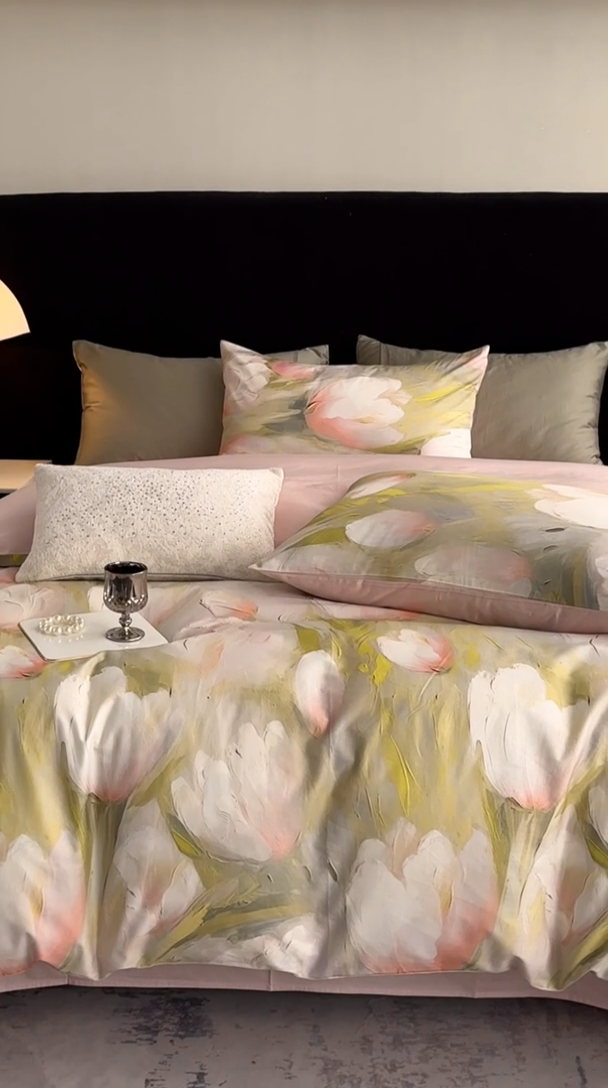 91家纺网 家纺一手货源 找家纺 立奥被业 2024新款60*60数码印花四件套全棉四件套 郁金香粉