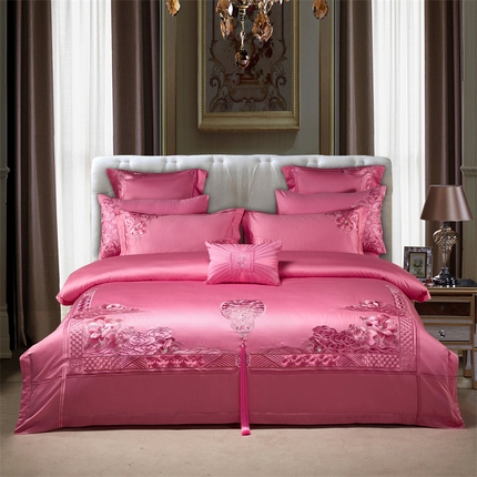91家纺网 家纺一手货源 找家纺 （总）2025新款全棉提花全棉贡缎提花粉色婚庆系列四件套