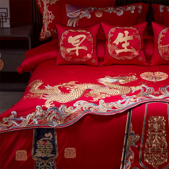 91家纺网 家纺一手货源 找家纺 宏羽纺家纺 2024新款高支高密纯棉提花婚庆套件系列（控价680）百年龙凤