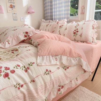 91家纺网 家纺一手货源 找家纺 （总）老K (原美阁） 2024新款水洗棉印花韩版公主风四件套