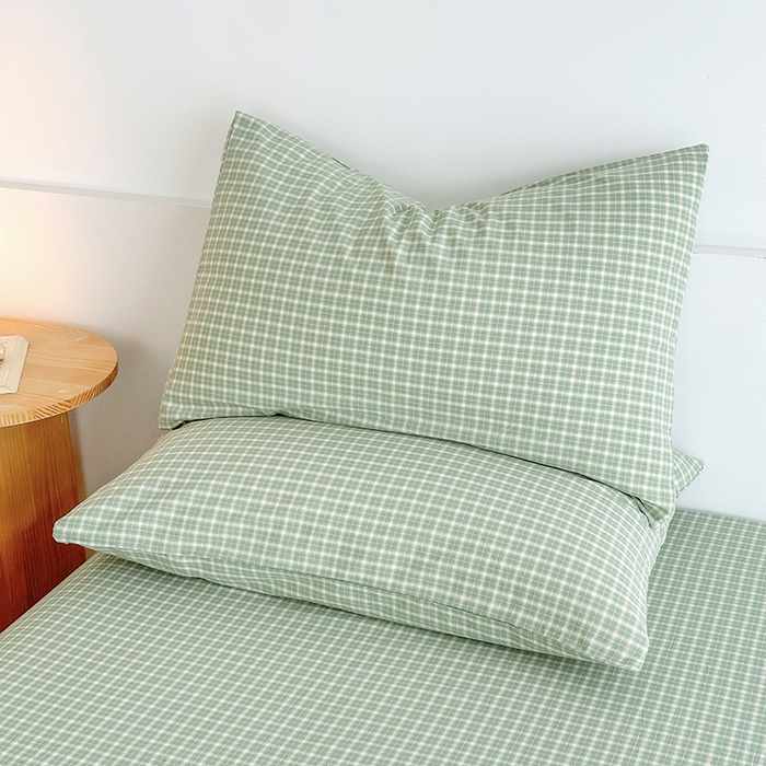 91家纺网 家纺一手货源 找家纺 慕莎家纺 2024新款亲肤水洗色织床笠三件套 绿粉格