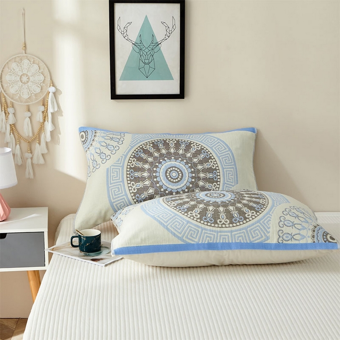 91家纺网 家纺一手货源 找家纺 2024新款素雅系列全棉系列四层纱布枕巾52*78cm一对 铃兰香-蓝