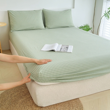 慕莎家纺 2024新款亲肤水洗色织床笠三件套 绿粉格