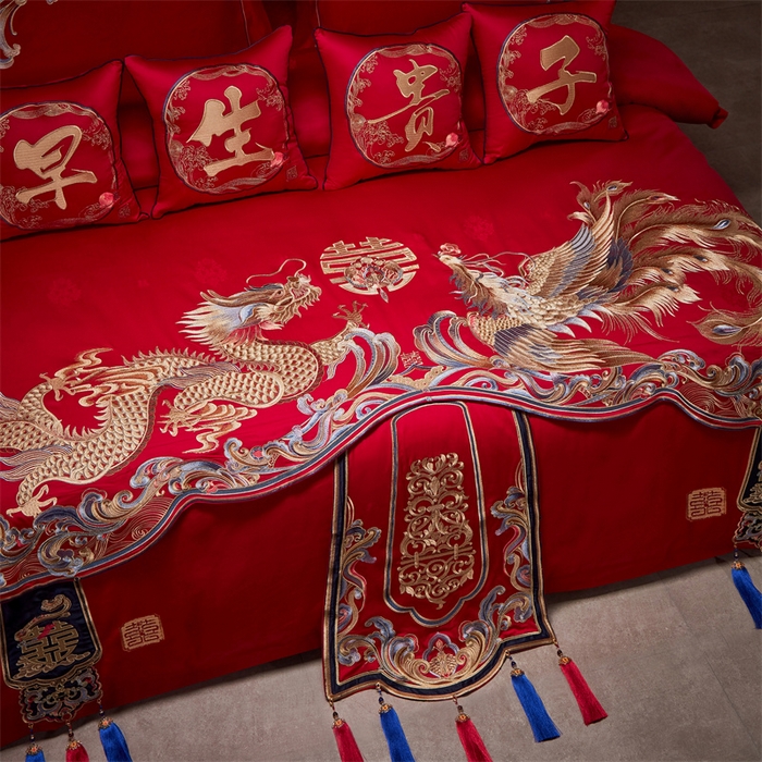 91家纺网 家纺一手货源 找家纺 红番天婚庆 2025新款新中式全棉提花婚庆四件套多件套百年龙凤