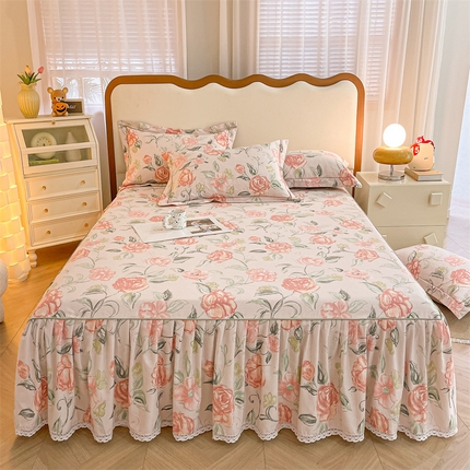 91家纺网 家纺一手货源 找家纺 （总）（支持一件定制）2024新款加厚纯棉生态磨毛床裙三件套全棉花边防滑床罩单件