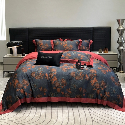 91家纺网 家纺一手货源 找家纺 （总）黑白森林 2024新款高支天丝棉大红数码印花四件套