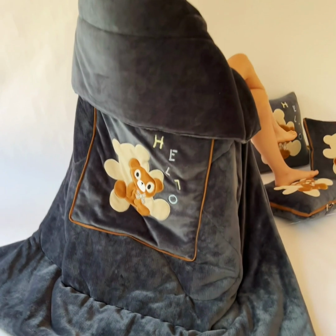 91家纺网 家纺一手货源 找家纺 阳光依佰抱枕被 2024秋冬新款牛奶绒绅士小熊多功能抱枕被 绅士小熊-深灰色