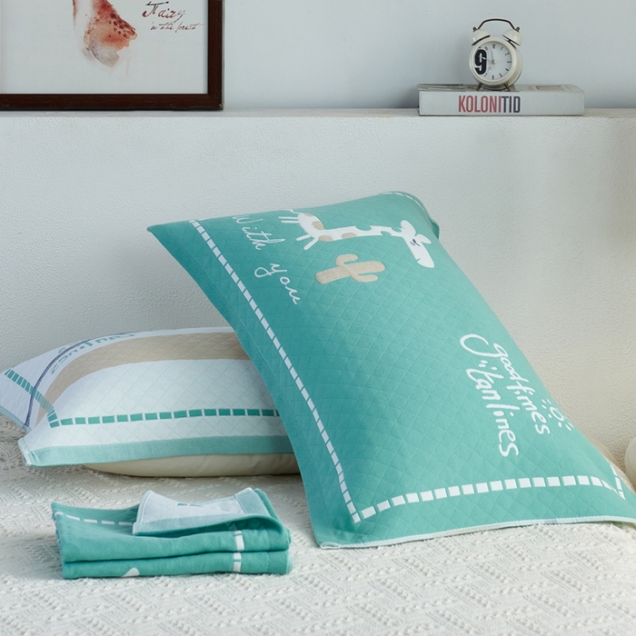 91家纺网 家纺一手货源 找家纺 2024新款全棉加厚三层纱布枕巾52*78cm一对 快乐小鹿绿