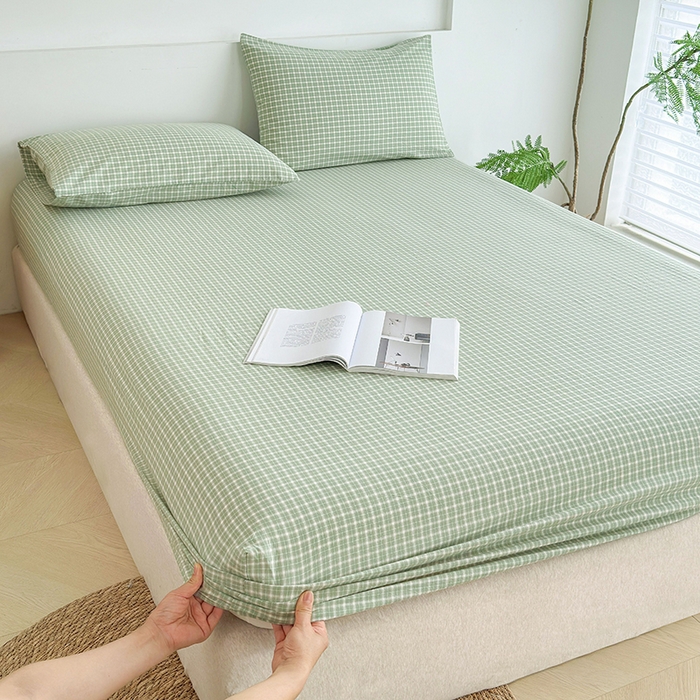 91家纺网 家纺一手货源 找家纺 慕莎家纺 2024新款亲肤水洗色织床笠三件套 绿粉格