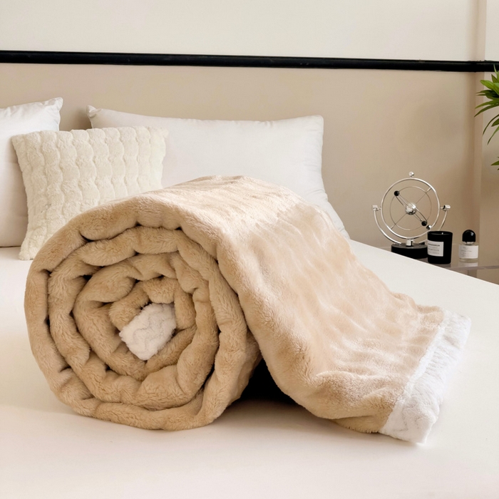 91家纺网 家纺一手货源 找家纺 佳居缘 2024新款亲肤舒适纯色兔毛绒毯毛毯毯子 卡其色