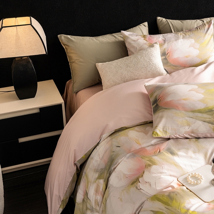 91家纺网 家纺一手货源 找家纺 立奥被业 2024新款60*60数码印花四件套全棉四件套 郁金香粉