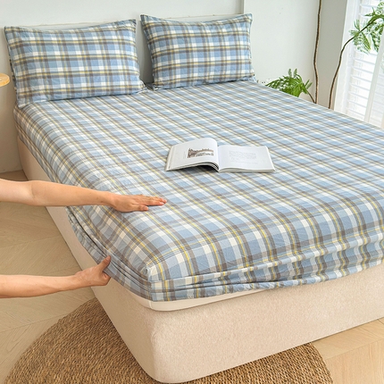 慕莎家纺 2024新款亲肤水洗色织床笠三件套 蓝黄大格