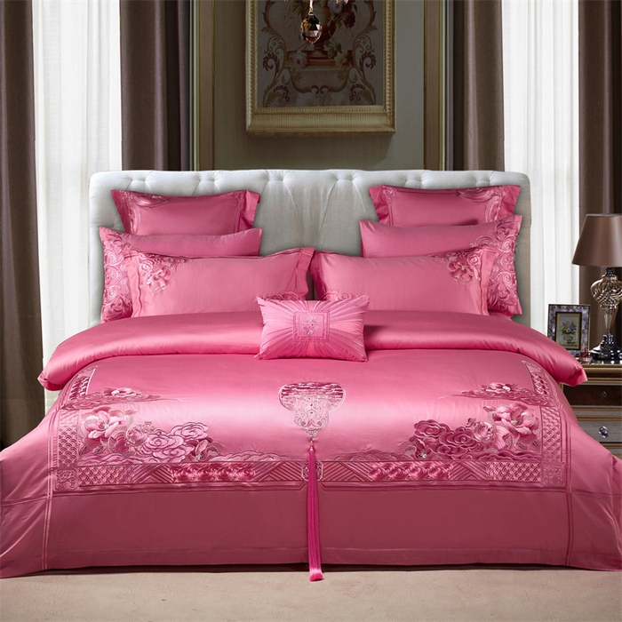 91家纺网 家纺一手货源 找家纺 宏羽纺家纺 2024新款高支高密纯棉提花婚庆套件系列（控价680）盛世喜韵-粉