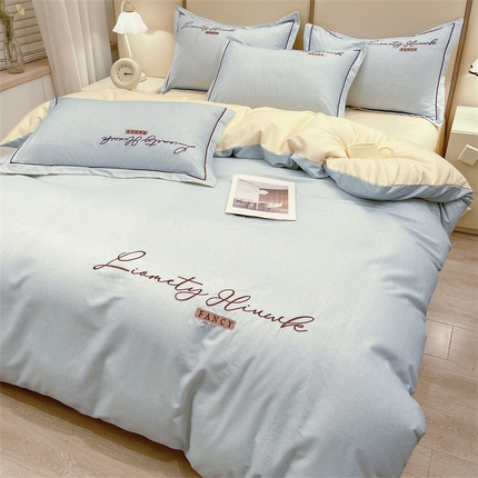 91家纺网 家纺一手货源 找家纺 （总）菲梵家纺 2025新款纯色双拼全棉加厚磨毛刺绣款-四件套（提供买家秀）