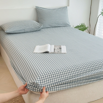 慕莎家纺 2024新款亲肤水洗色织床笠三件套 蓝白小格