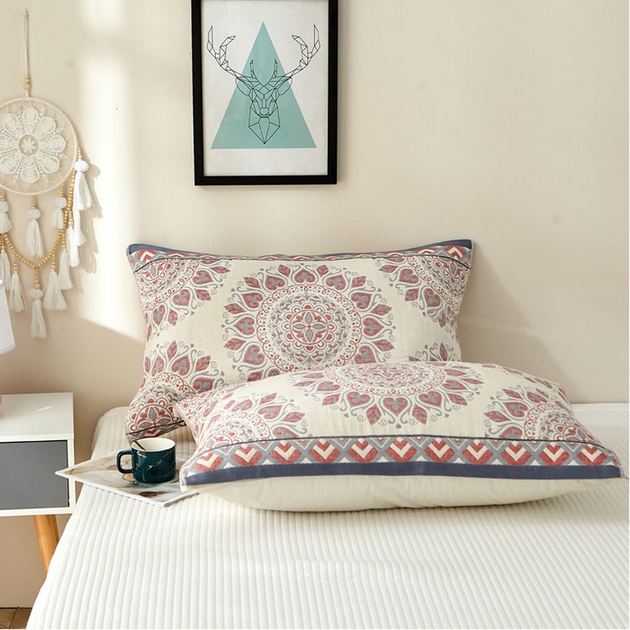 91家纺网 家纺一手货源 找家纺 2024新款素雅系列全棉系列四层纱布枕巾52*78cm一对 半夏桃心-红