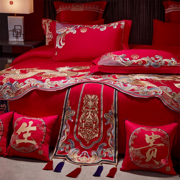 91家纺网 家纺一手货源 找家纺 红番天婚庆 2025新款新中式全棉提花婚庆四件套多件套百年龙凤