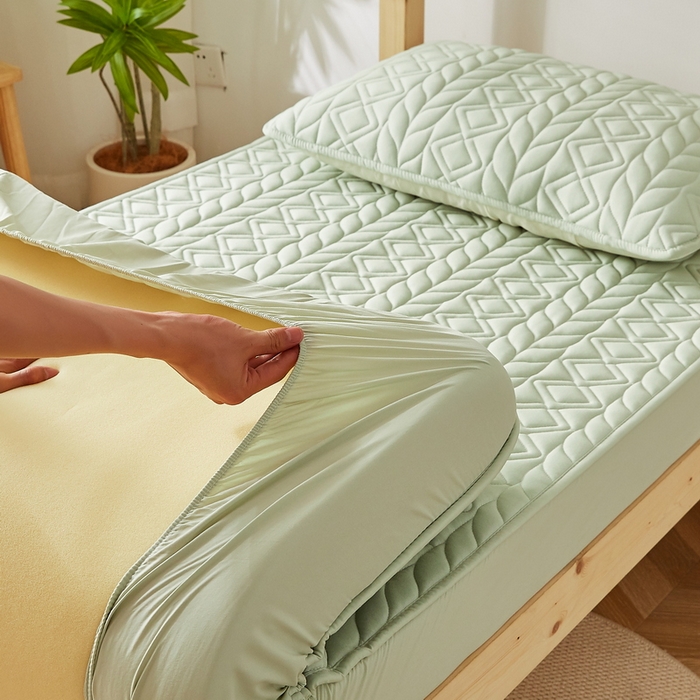 91家纺网 家纺一手货源 找家纺 卡派 2024新款水洗棉羊毛床笠（富贵竹）单人床 富贵竹-果绿