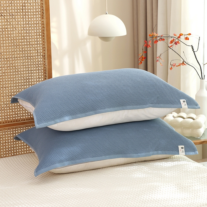 91家纺网 家纺一手货源 找家纺 2024新款北欧风素色布标全棉蜂窝华夫格透气枕巾52*78cm一对 北欧风-蓝