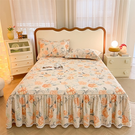 91家纺网 家纺一手货源 找家纺 （总）（支持一件定制）2024新款加厚纯棉生态磨毛床裙三件套全棉花边防滑床罩单件