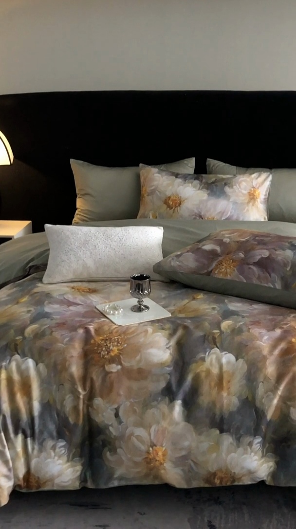 91家纺网 家纺一手货源 找家纺 立奥被业 2024新款60*60数码印花四件套全棉四件套 秋菊绿