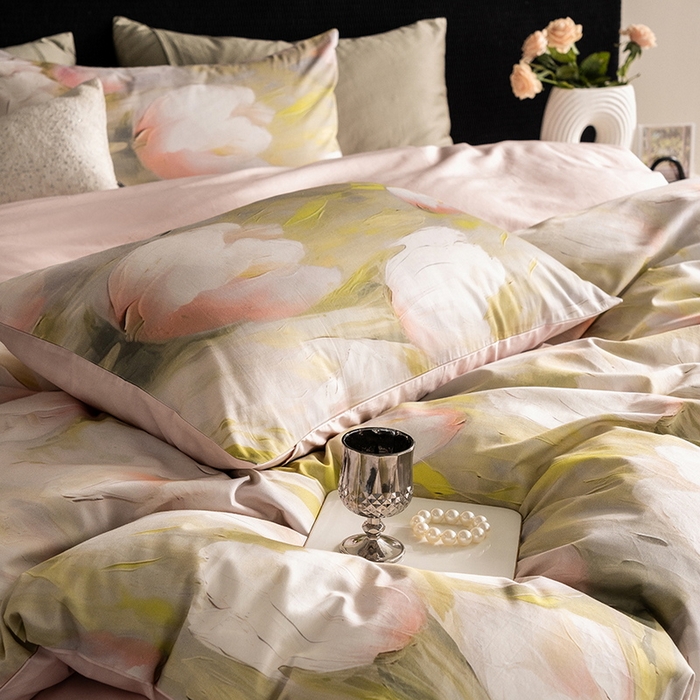 91家纺网 家纺一手货源 找家纺 立奥被业 2024新款60*60数码印花四件套全棉四件套 郁金香粉